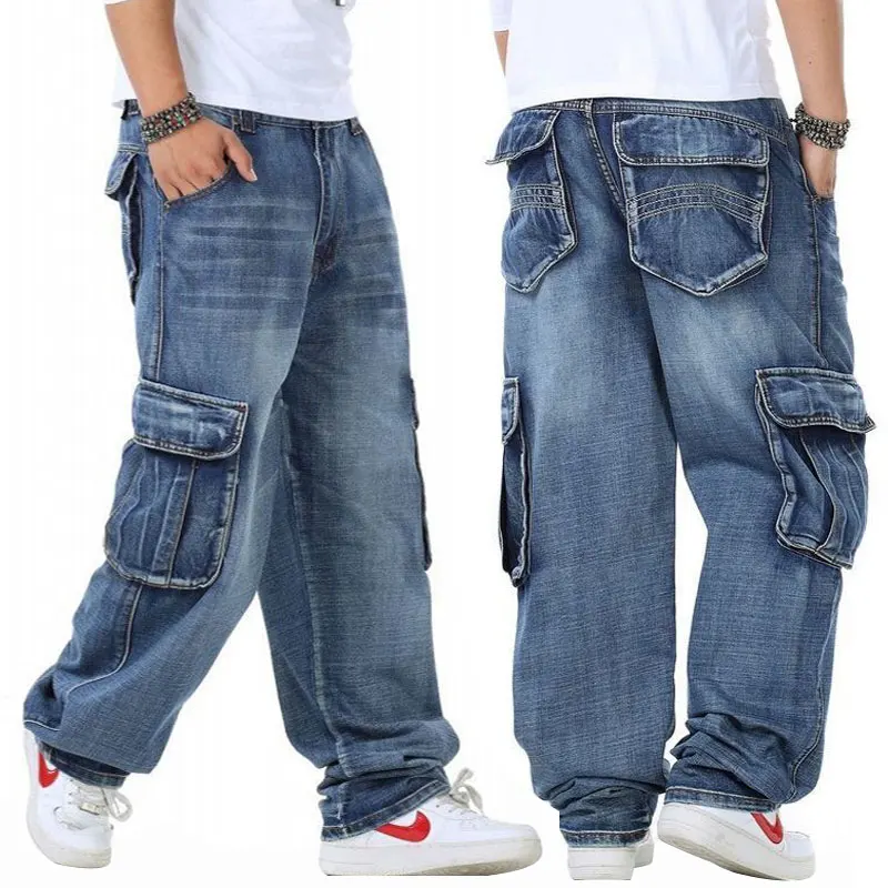 

Loose Jeans Men Denim Pants Straight Fashion Pocket Baggy Streetwear Hip Hop Brand Blue Wide Leg Cargo Trousers Large Size 46