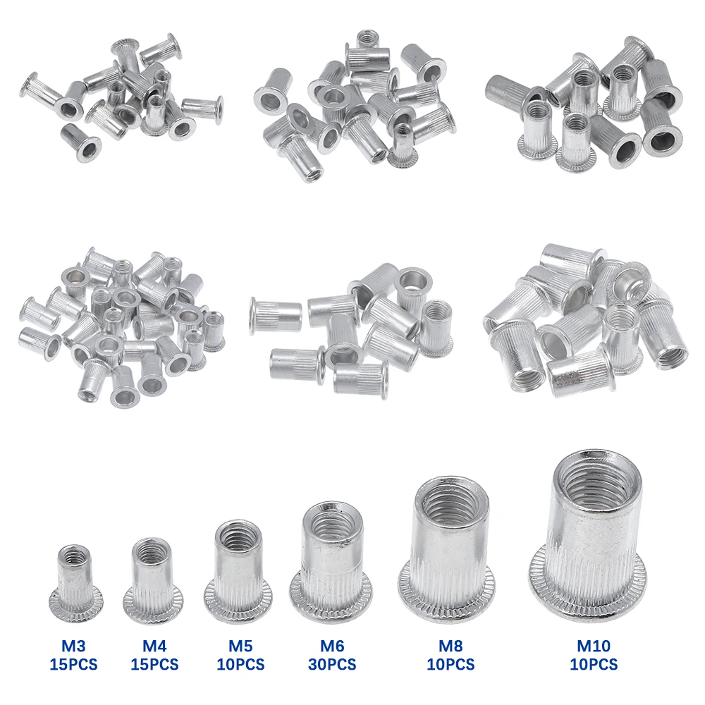 90Pcs M3 M4 M5 M6 M8 M10 Rivet Nut Aluminum Flat Head Rivet Nuts Set Insert Reveting Multi Size Rivet Nuts