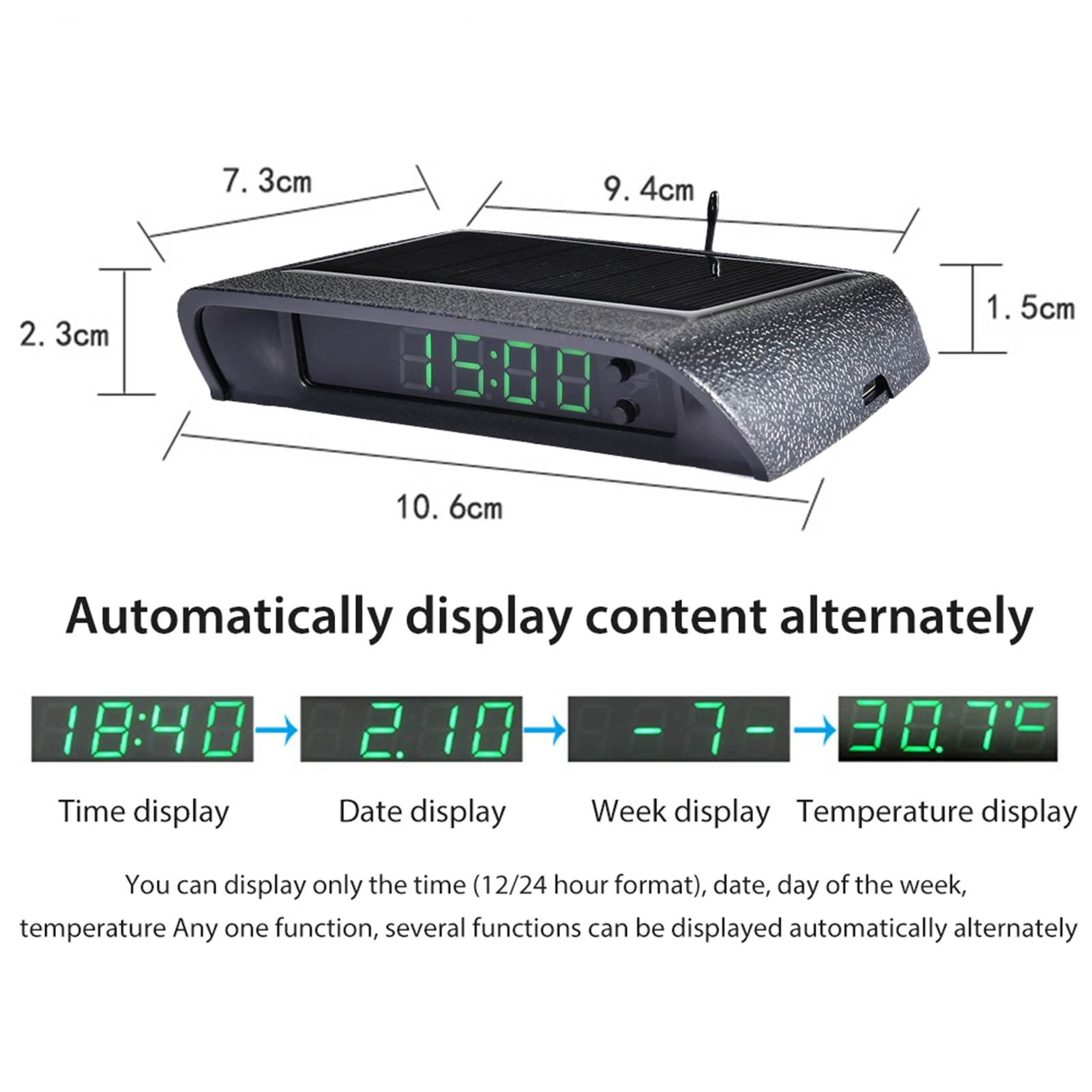 Car Clock Auto Internal Stick-On Digital Watch Solar Powered With Built-in Battery Car Decoration Electronic Accessories