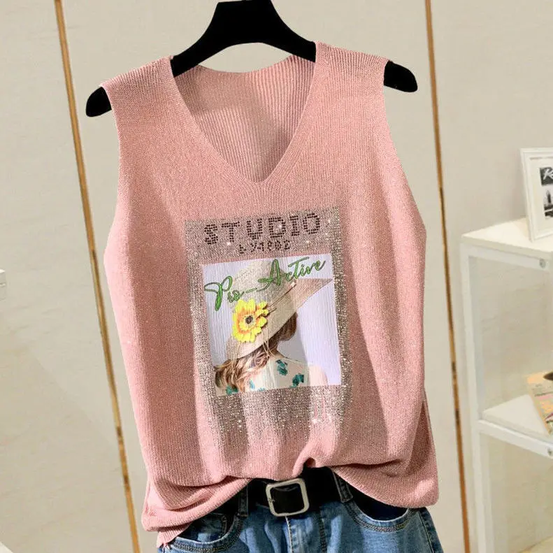 Women Vest Spring Summer New Sleeveless V-neckIce Silk Casual Loose Knitted Tank Pullover Top Korean Clothes Female Tank Tops