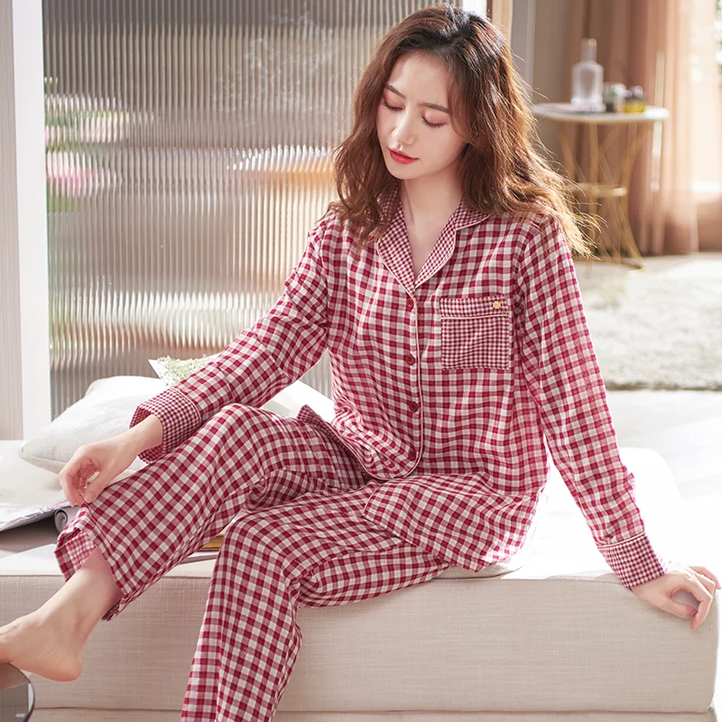 

M-XXXL Lapel collar plaid pajamas autumn new cardigan long-sleeve women pajamas woven cotton female home suit leisure sleep wear