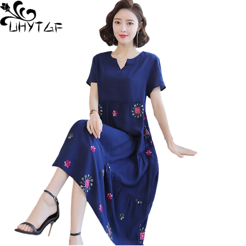 UHYTGF Summer Womens Dress 2022 Fashion Embroidered Soft Cotton Silk Elegant Female Dresses Beach Long 4XL Loose Size Dress 1609