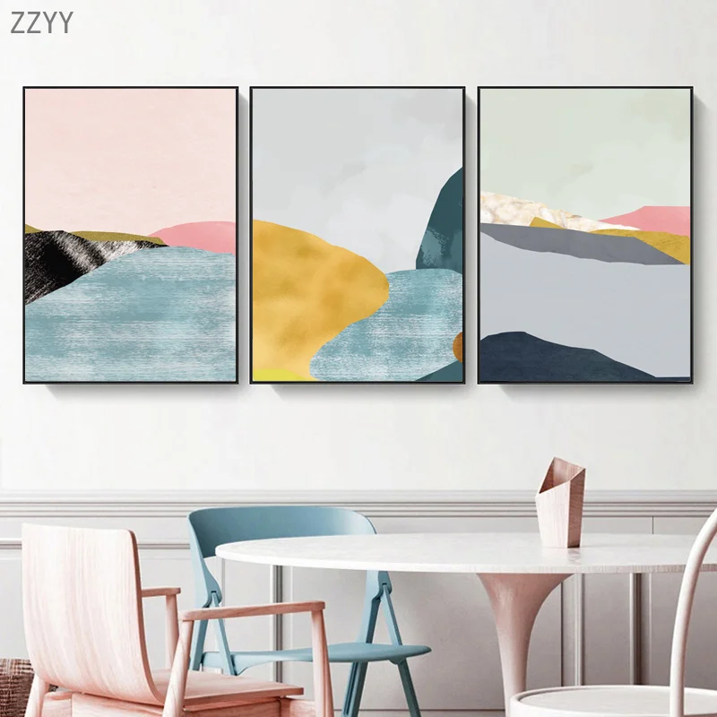 

Nordic Abstract Mountains and Rivers Light Pink Blue Geometric Pattern Decorative Panintings Print on Canvas Home Decor Poster