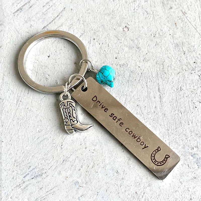 Wholesale Western Cowboy Boots Keychain Turquoise Cross Cactus Horseshoe Metal Brand Creative Texture Pendant Keychain