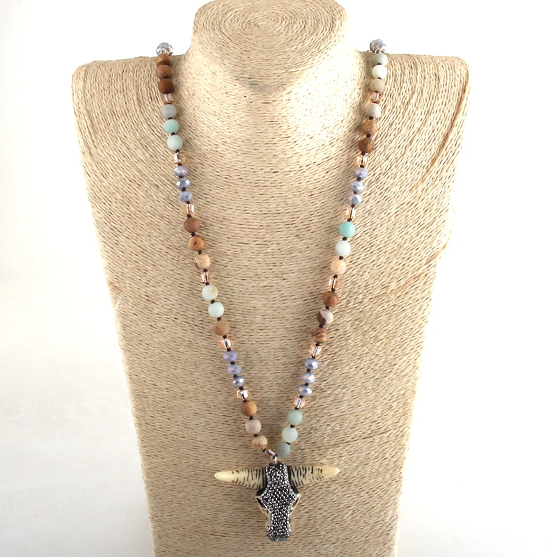 RH Fashion Bohemian Tribal Jewelry  Crystal / Natural Stone Long Knotted Beige Crystal Horn Pendant Necklaces For Women Necklace