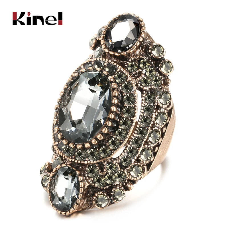 Kinel Unique Antique Gold Gray Crystal Big Ring For Women Vintage Jewelry Party Accessories Luxury Gifts 2020 New Drop Shipping