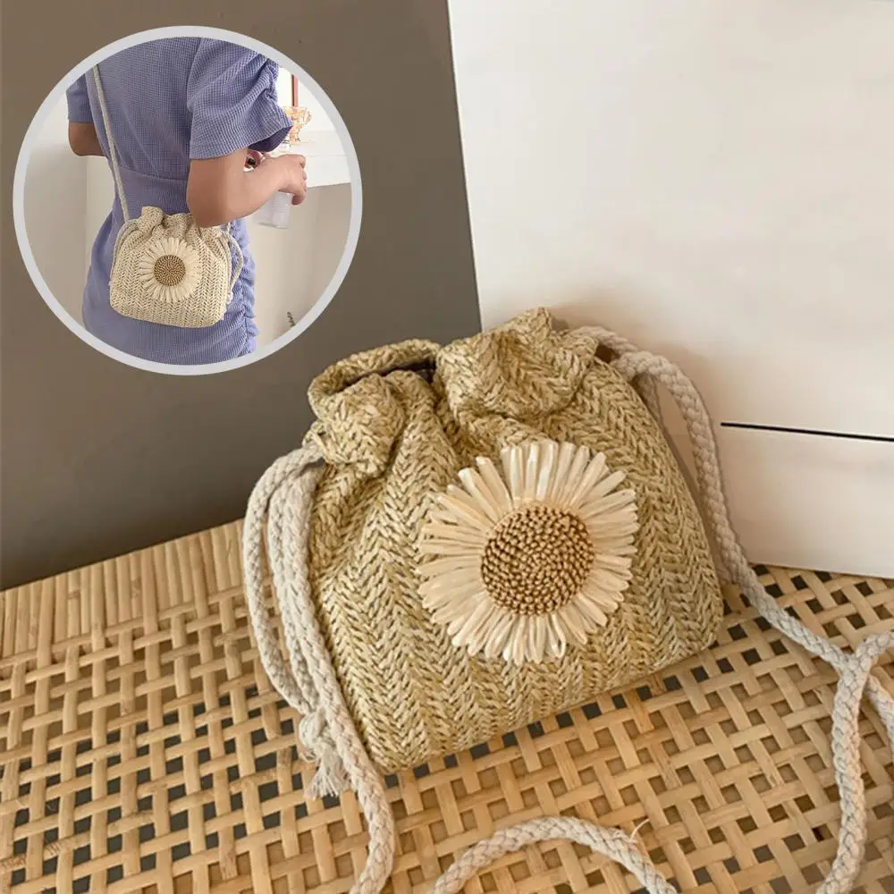 Fashion Women Knitting Sunflower Straw Shoulder Bag Drawstring Bucket Pouch