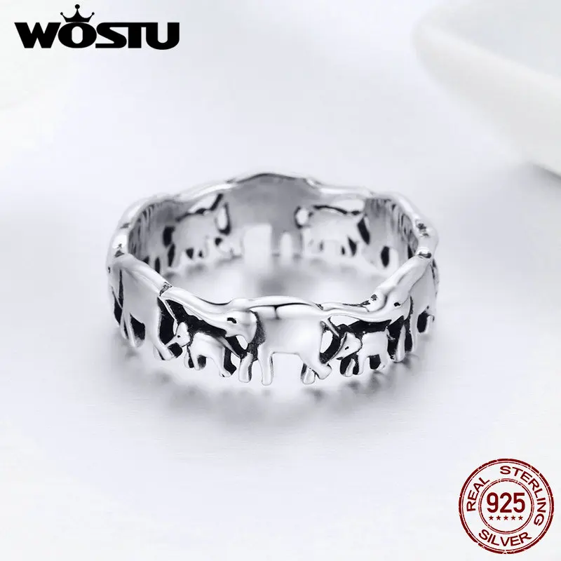 WOSTU 100% Real 925 Sterling Silver Animal Elephant Family Finger Rings For Women Silver Fashion 925 Jewelry Gift CQR344