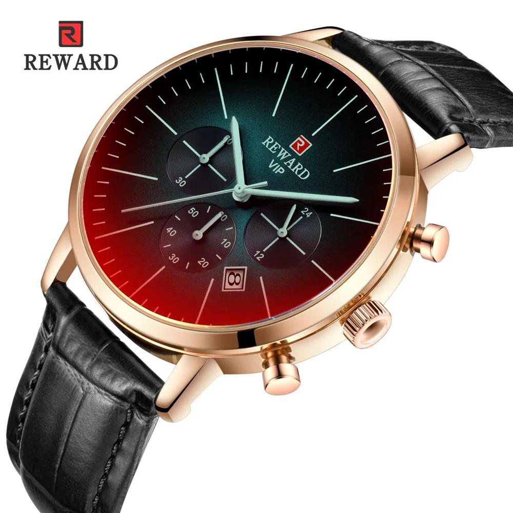 REWARD Men Watch Top luxury Multicolor glass Quartz Watches Leather Waterproof Sport Male Clock Chronograph Relogio Masculino