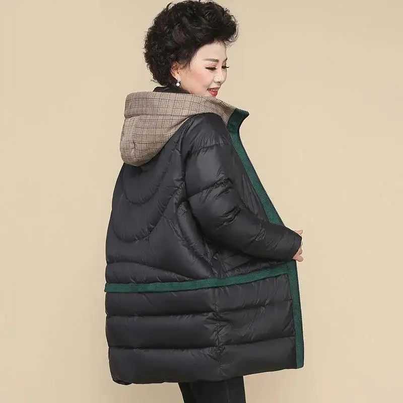 

2022 Mom's Padded Jackets Mid-Length Autumn Winter Thickening 4XL Down Cotton Jacket Loose Hooded Overcoat Coat Female