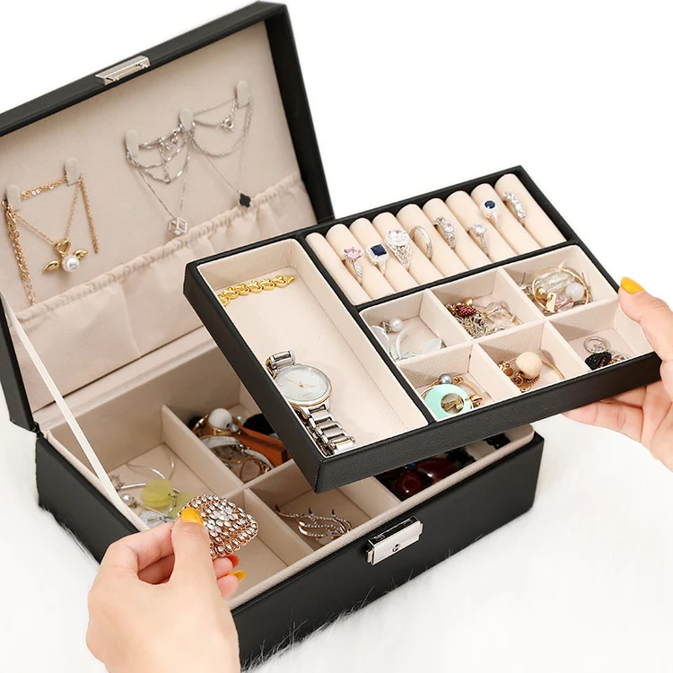 Large Leather Jewelry Box 2 Layers Makeup Organizer Watch Earrings Bracelet Necklace Ring Display Organizer Storage Box