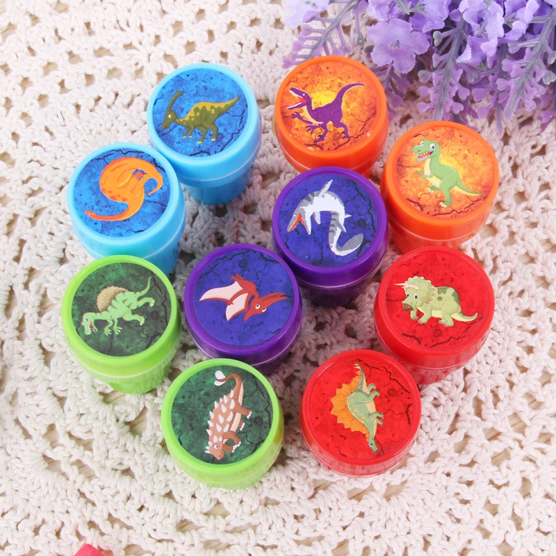 10 Pcs/Set Cute Stamp Toy Cartoon Dinosaur Animal Marine Life Encourage Pattern Round Plastic DIY Toy Seal with Box for Kids