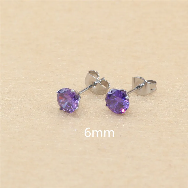 6mm AAA Round Colorful Purple Zircons Stud Earrings With Stianless Steel Needle Brief Jewelry 20 Colors For Choose No Allergy