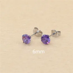 6mm AAA Round Colorful Purple Zircons Stud Earrings With Stianless Steel Needle Brief Jewelry 20 Colors For Choose No Allergy