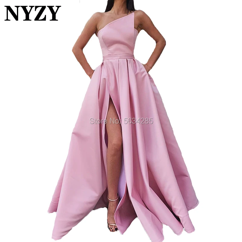 

NYZY P67 Chic Satin One Shoulder High Slit Pink Evening Dresses 2020 Wedding Party Dress Prom Gown Celebrity Dresses