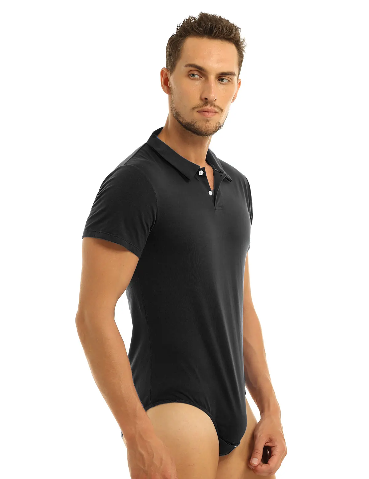 Men Turn-down Collar Bodysuit Romper Pajamas Sexy Short Sleeves One-piece Snap Crotch Homewear Nightwear