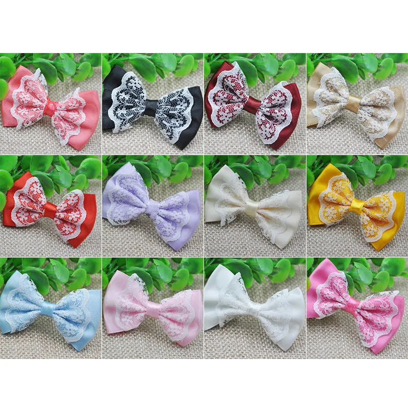 20 pcs  Mix Color lace satin ribbon flower bows party crafts wedding appliques B48