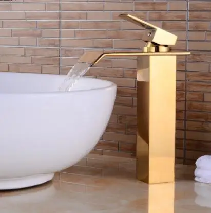 

Vidric Tall Bathroom Faucets Gold Waterfall+ Pipe, Bath Sink Water Mixer Golden Jade Basin Faucet Hot and Cold Deck Mounted tap