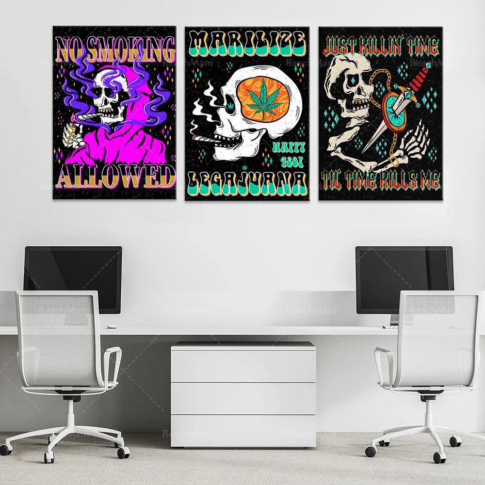 Smoking skull poster, skull prints, gothic artwork, weed artwork, smoking, knuckles, skull psychedelic