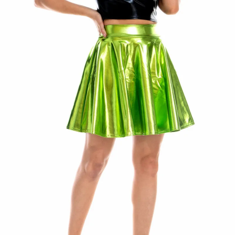 YSDNCHI Women Summer High Waist Pleated Hip Hop Skirt Shiny Silver Casual Solid Female Short Green Gold A-line Mini