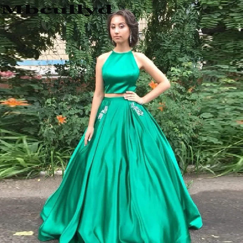 Mbcullyd Two Piece Long Prom Dresses Elegant 2023 Halter Neck Formal Evening Dresses With Pocket vestidos de fiesta de noche