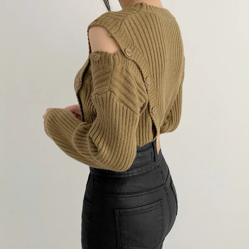 Fashion Korean women's sweater 2020 elegant little sexy button off shoulder long-sleeved knitted sweater women