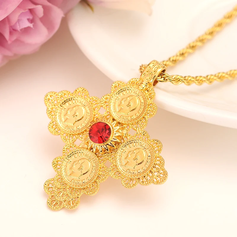 Ethiopia small Coin cz stone crystal Pendant Necklaces Women Gold Color Jewelry Africa Crosses Ethiopian Cross Eritrea