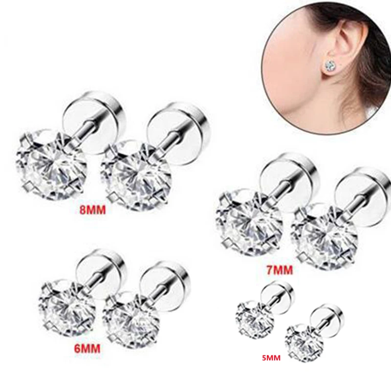 60pcs Crystal CZ Gem Ear Stud Earring Round Zircon For Men and Women Gothic Street Pop Ear Jewelry Stainless Steel 3mm 4mm 5mm