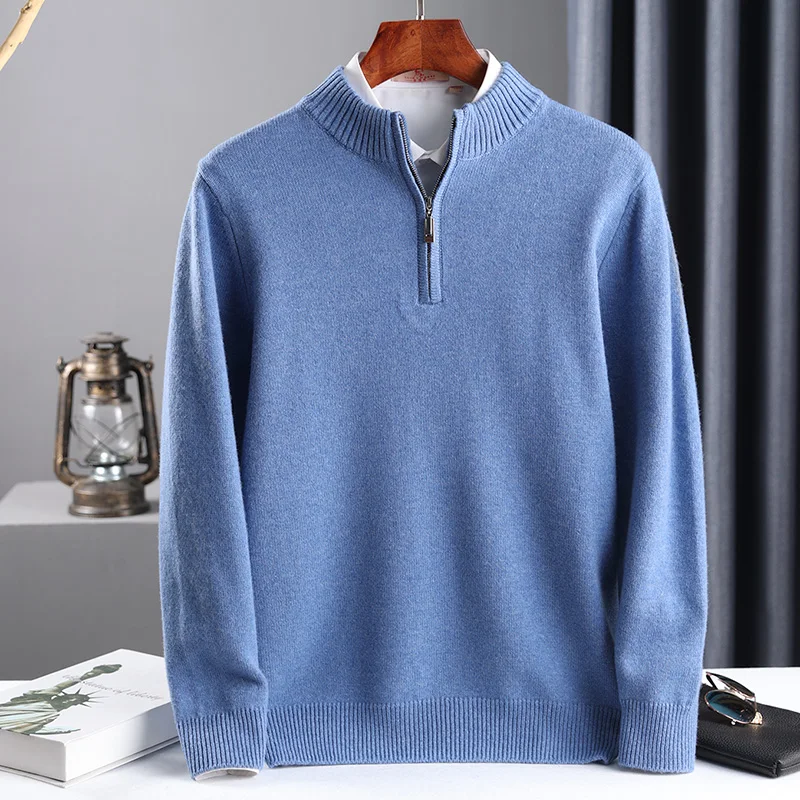 2025 New Pure Cashmere Sweater Men\'s Knit Large Size High-End Top 100%Wool Half High Neck Thick Pullover Winter Youth Wild Warm