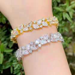 CWWZircons Shiny African Cubic Zirconia Dubai Gold Plated Engagement Wedding Bridal Bracelet Jewelry Accessories for Women CB267