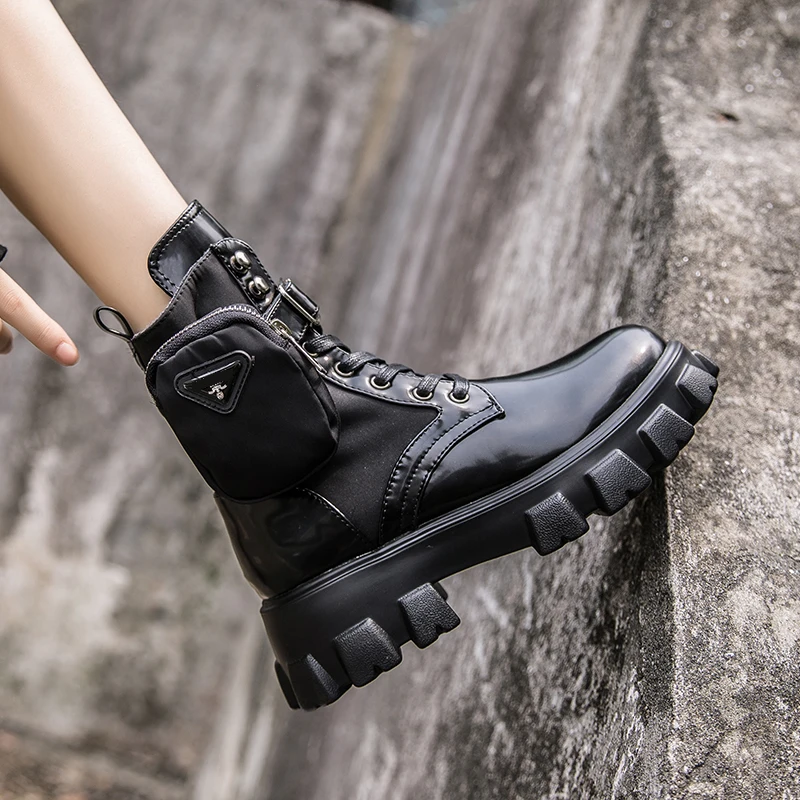 New Fashion Autumn Winter Women Mid-Calf Bootie Storage Pocket Buckle Strap Motorcycle Boots Shiny Leather Flat Platform Boots