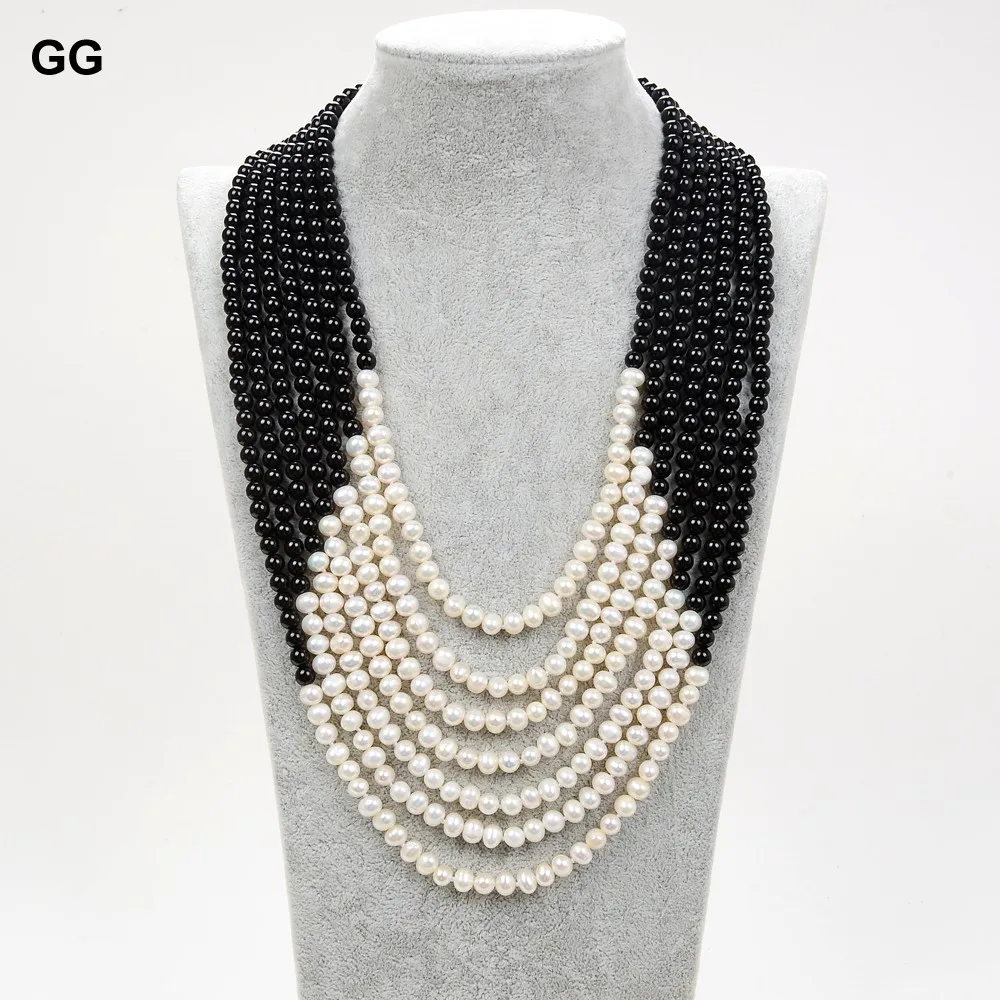 GuaiGuai Jewelry 7 Strands Natural White Pearl Onyx Necklace Multi Strands Pearl Necklace 19\