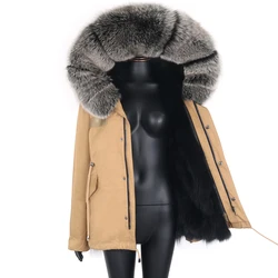 Chaqueta de Invierno para mujer, abrigo de piel auténtica de zorro, Parka corta impermeable, prendas de vestir exteriores de piel de mapache Natural, capucha desmontable, 2021