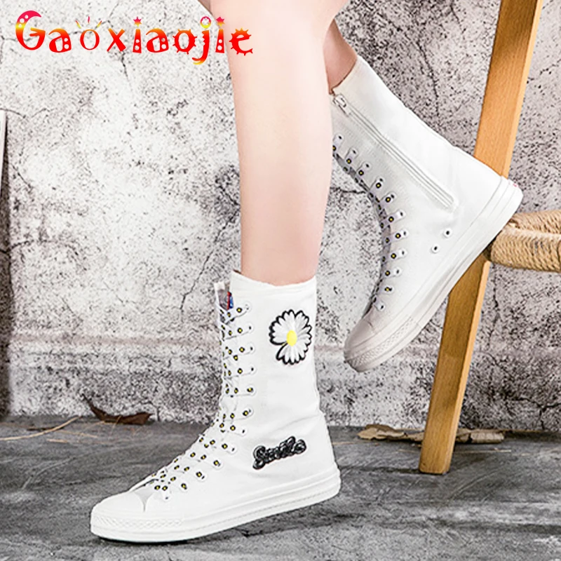 2021 Spring Autumn Middle Tube Canvas Daisy Decoration Side Zipper Women Shoes Soft Bottom Casual Fashion Comfortable Flat Shoes