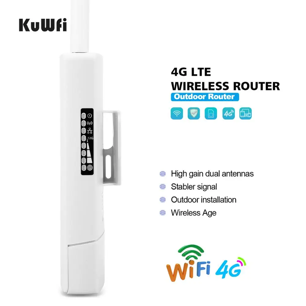 KuWFi-Roteador Sem Fio com Slot Para Cartão Sim, 4G, 300Mbps, LTE, CAT4, Ao Ar Livre, À Prova D\' Água, RJ45, LAN, 2 Antenas para Câmera IP