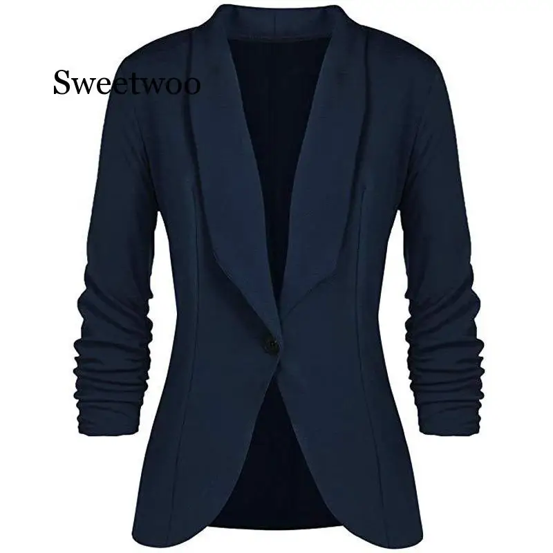 Office Lady Blazers Coat Solid Long Sleeves Cardigan Button Casual Suit Navy Blue Draped Slim Cotton Women Blazer Jacket