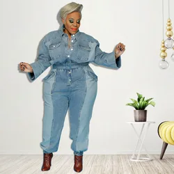 Plus Size Women Clothing Summer Denim Jumpsuit With Belt Washed Jean Button Cowboy Jumpersuit Streetwear Wholesale Dropshipping