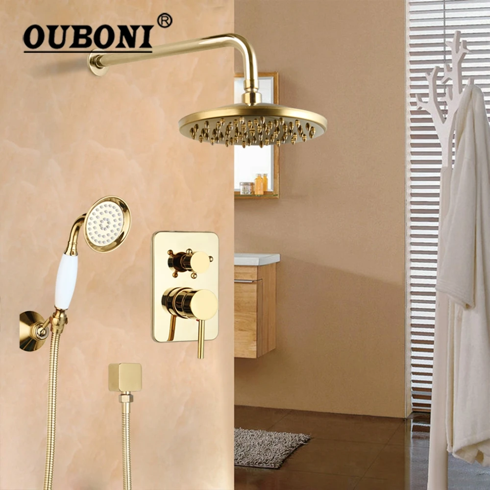 OUBONI Matte Black Bathroom Shower Faucet Set Golden Plated Mixer Faucet Anqiue Brass Wall Mounted Rain Bathtub Shower Faucet