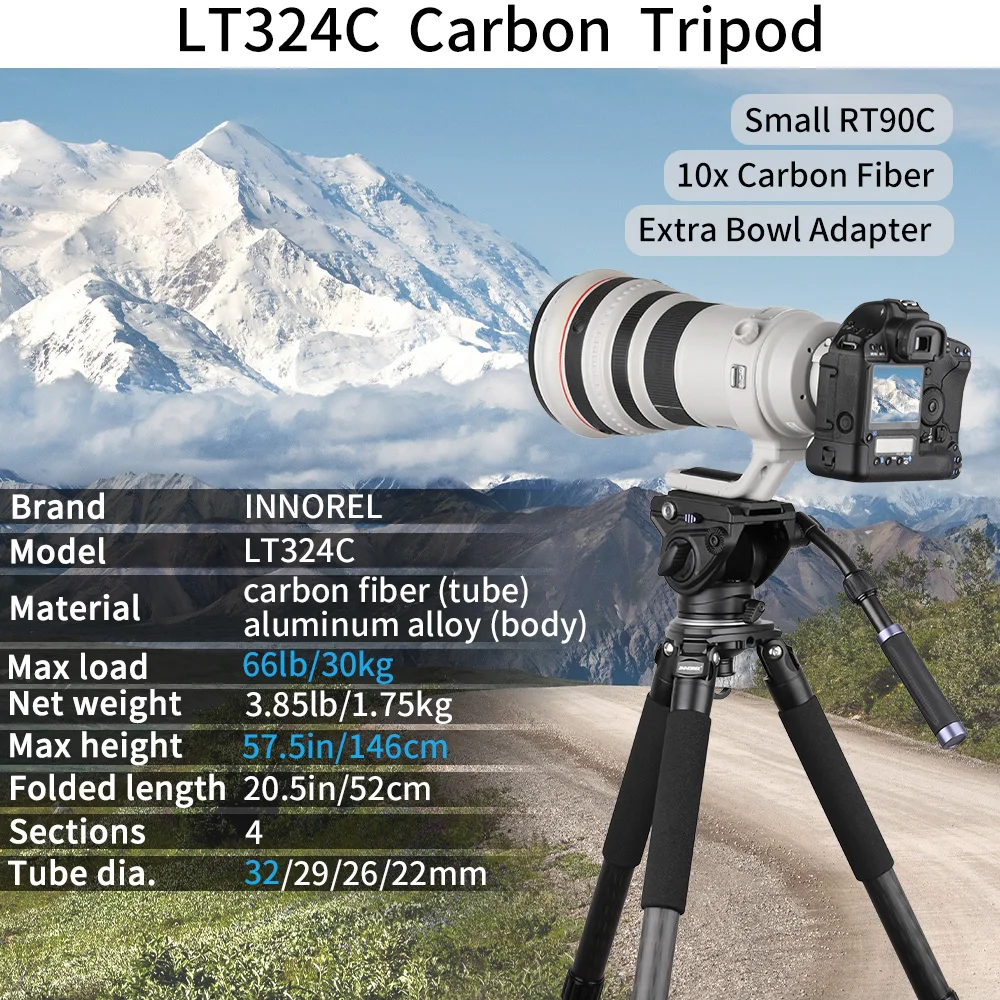 LT324C Professional 10 Layers Carbon Fiber Tripod Heavy Duty Lens Camera Stand for Portable Digital SLR Camera 75mm Bowl Adapter