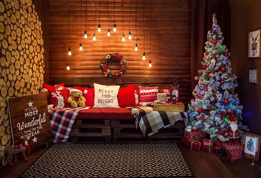 Avezano Merry Christmas Background For Photography Winter Wood Wall Bright Light Bed Family Portrait Background Photo Studio Decor