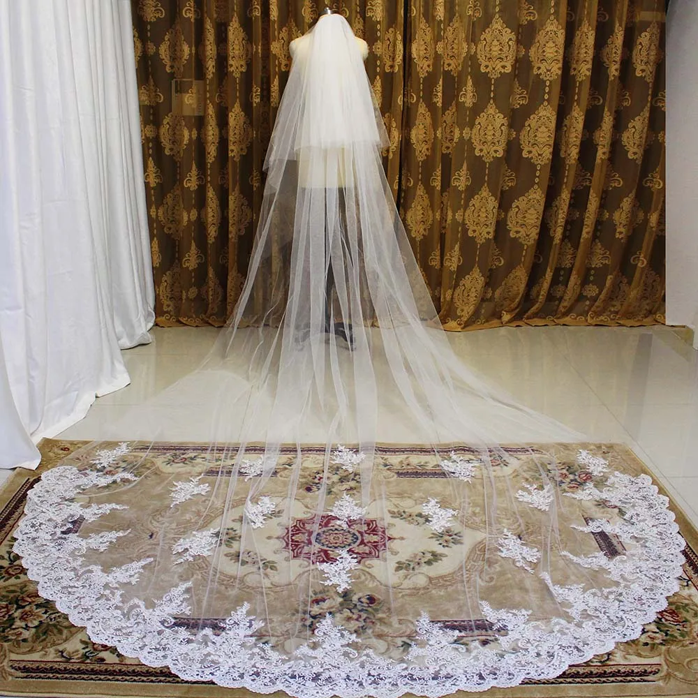 

High Quality Lace Long Wedding Veil 4 Meters 2 Layers Bridal Veil with Comb White Ivory 2T 4M Veil Wedding Accessories