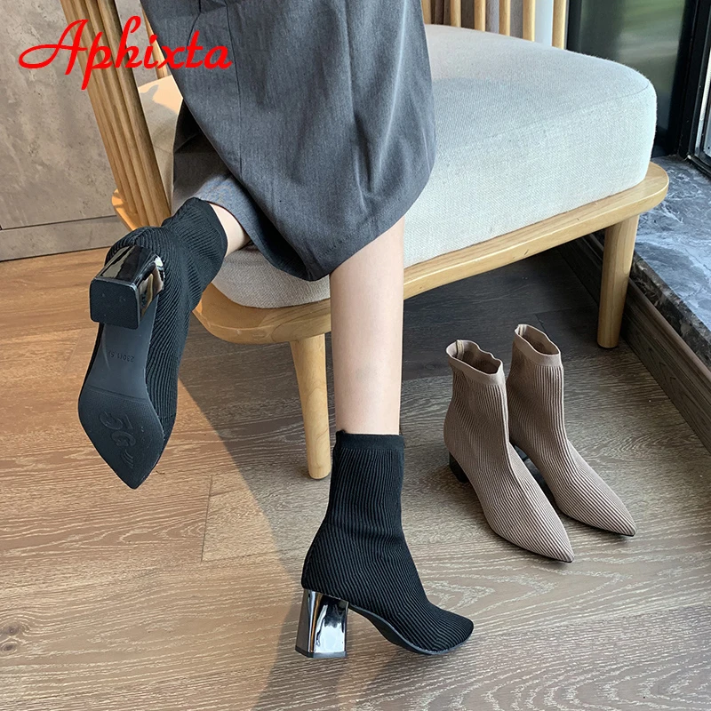 Aphixta Black 6cm Metal Square Heels Cotton Socks Boots Women Stretch Fabric Pointed Toe Shoes Ankle Boots For Woman Boats