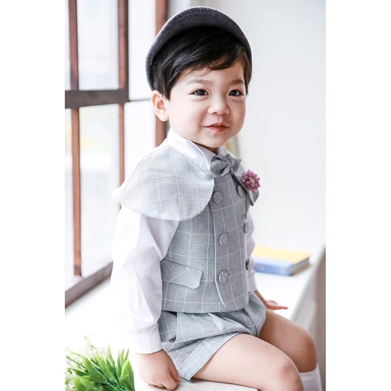 Fashion Baby Boy Suit Clothes Kids Outfits Set Infant Party Birthday Dresses Newborn Costume Shirt +Plaid Vest +Short+shawl +Bow