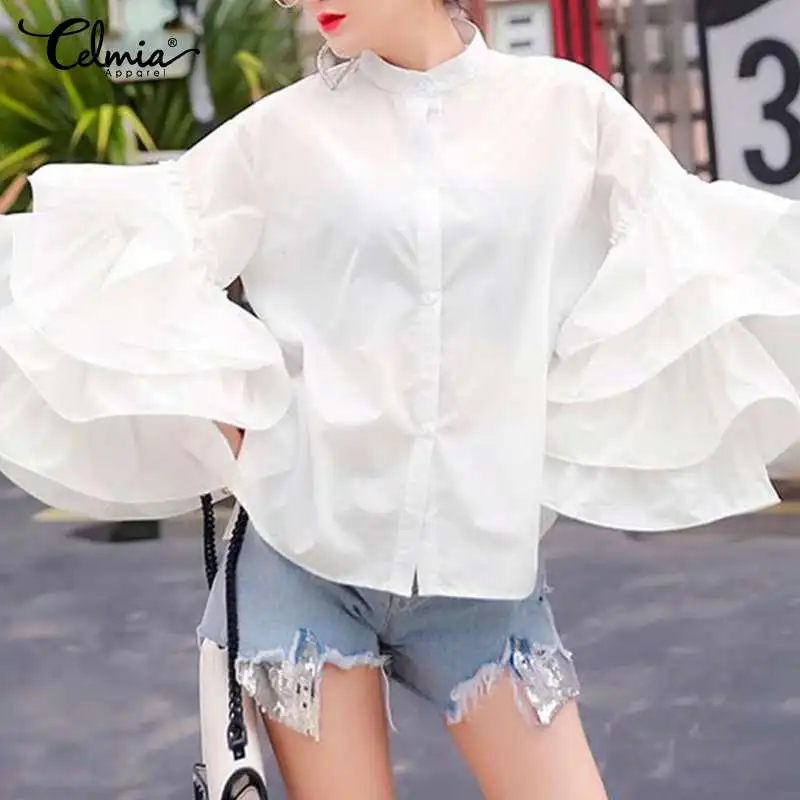 Kobiety Blusas Celmia 2022 moda warstwowe Flare jednolite bluzki z długim rękawem Streetwear koszule guziki, na co dzień eleganckie bluzki biurowe