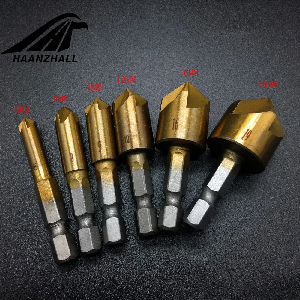 

6pcs HSS Chamfer Countersink Chamfer Drill Bit 1/4" Hex Shank 90 Degree Wood Chamfering Cutter 6mm-19mm