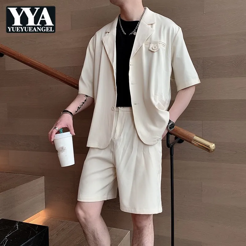 

New Summer Fashion Loose Suits Mens Sets Korean Style Thin Turn-Down Collar Single Breasted Pockets Vintage Casual Shorts