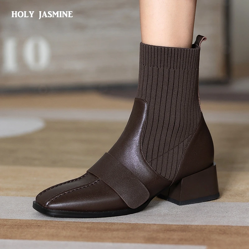 2021 New Women Boots Retro Square Toe Autumn Ankle Boots Square High Heel Cow Leather Elastic Band Short Boots Women Size 34-40