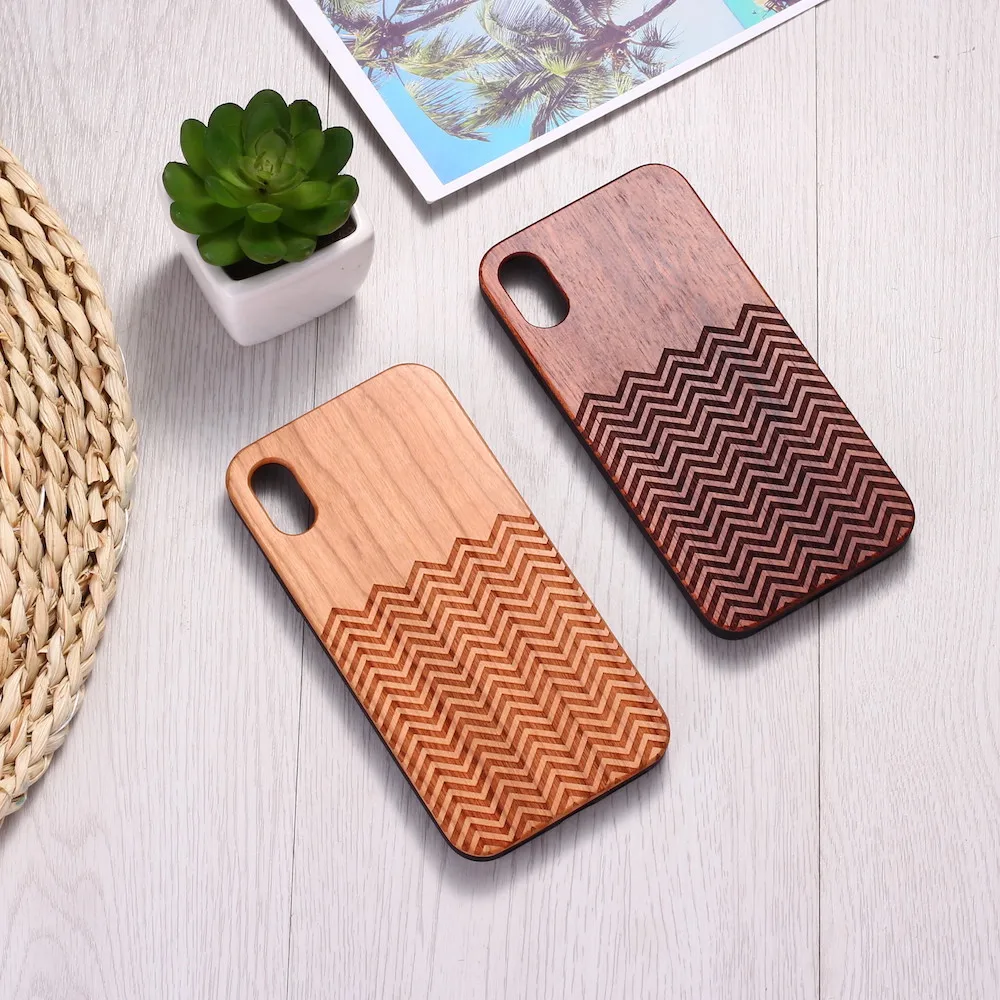 

For iPhone14 14ProMax 14Plus 13Promax 13 12 11 Engraved Geometric Wave Nature Wood Phone Case Coque Funda Bumper