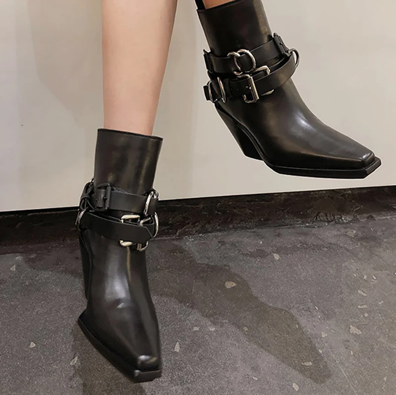 Wedge heel cowboy ankle boots women black boots winter pointed thick with silver buckle belt Chelsea boots strapped shoes woman