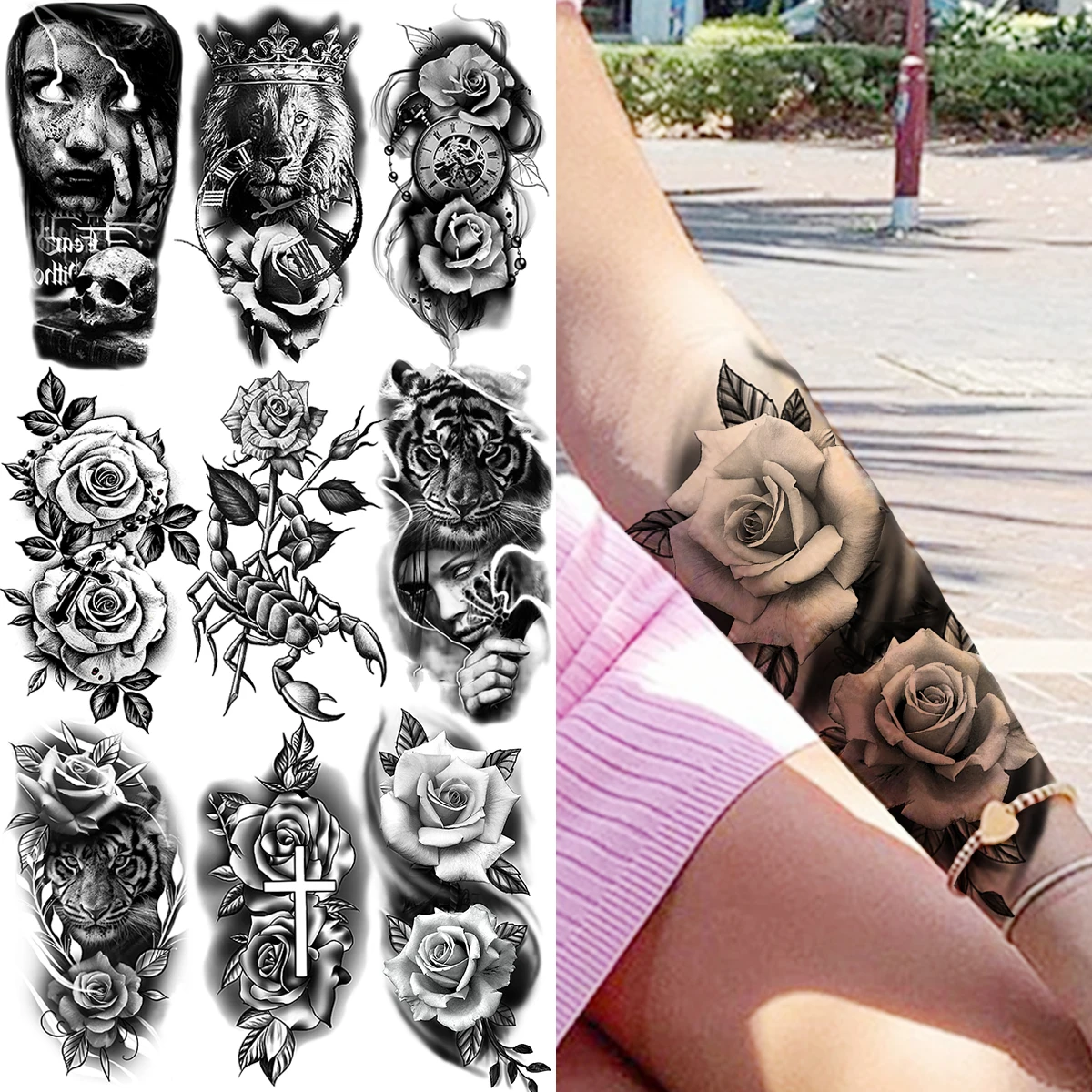 Black Peony Temporary Tattoos For Women Men Realistic Vampire Lion Scorpion Tiger Flower Fake Tattoo Sticker Arm Thigh Tatoos 3D